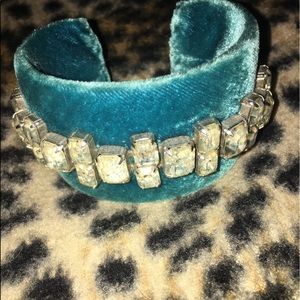 Vintage Bracelet Blue Velvet Cuff With Rhinestones